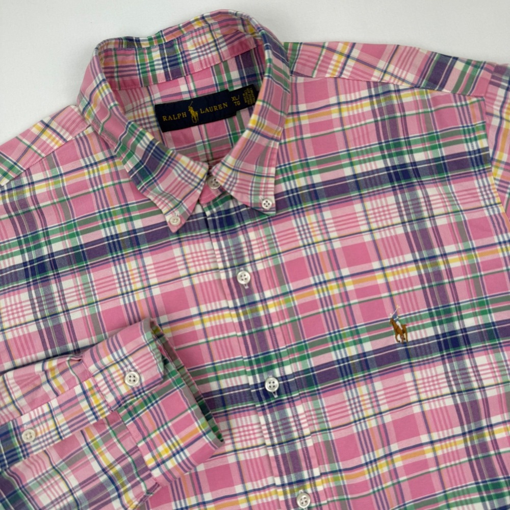 Ralph Lauren Mens XL Madras Pink Plaid Cotton Button Down Shirt Long Sleeve Pony